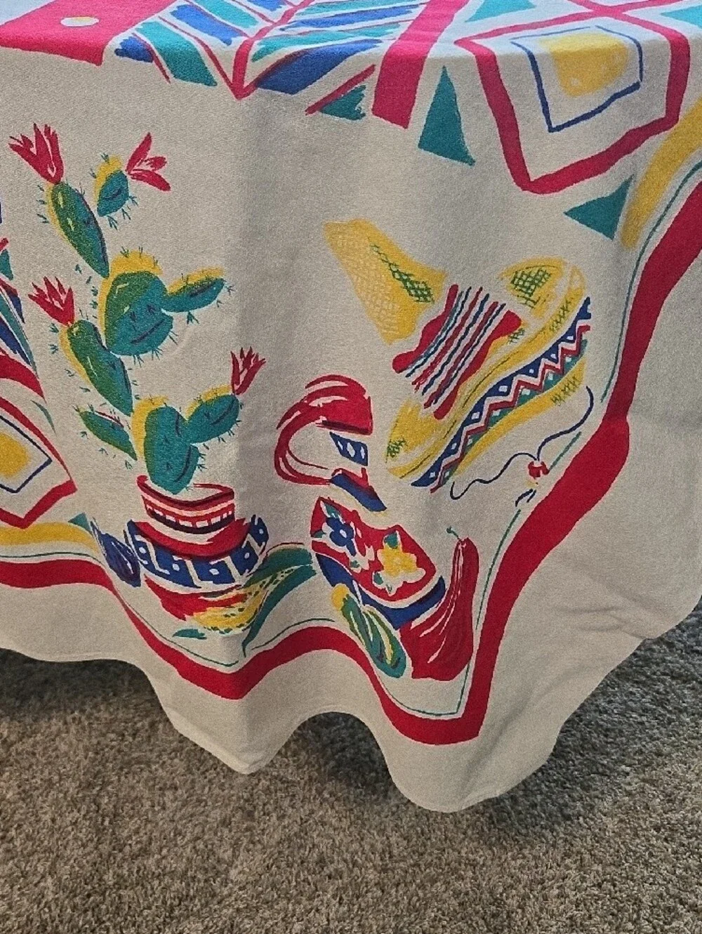 VintageColorful Southwestern Print Tablecloth - White Red Blue 50 X 64